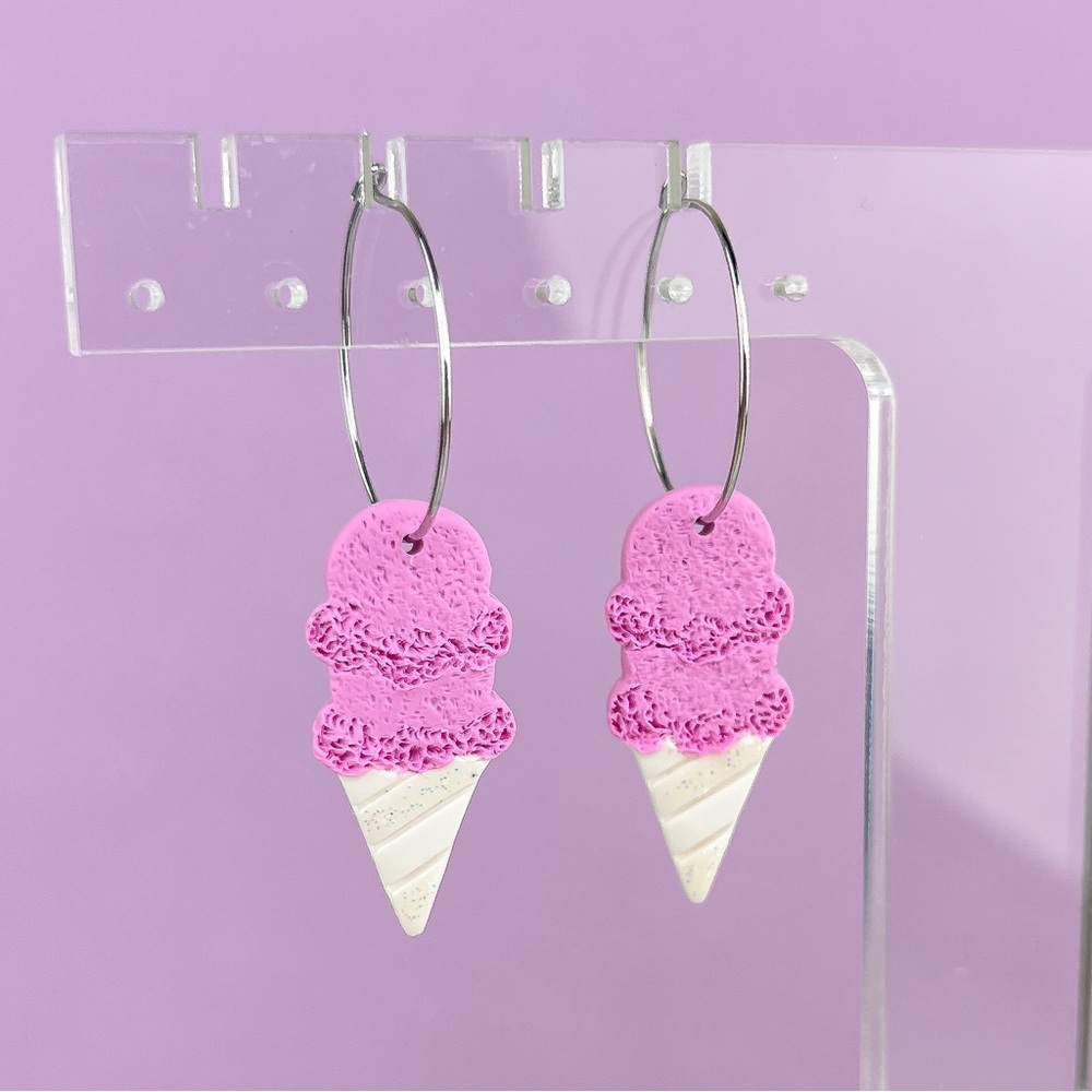 Festive Pink Ice Cream Cones Handmade Polymer Clay Dangle Hoop Earrings